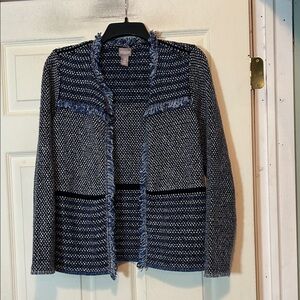 Chico's Fringe Soft Cardigan in a blue, gray, black multi-patterned knit Size 0